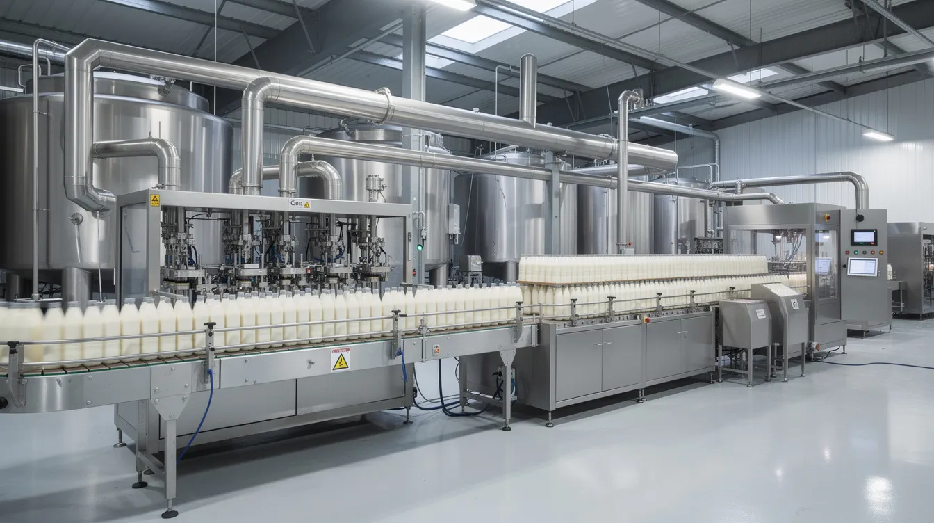 The image depicts an industrial dairy processing plant featuring automated filling lines and conveyor systems actively in operation, illustrating the manufacturing process of UHT milk and other dairy products. The scene conveys the efficiency of the milk processing plant, highlighting the technology used to ensure long shelf life and stable demand in the global UHT milk market.