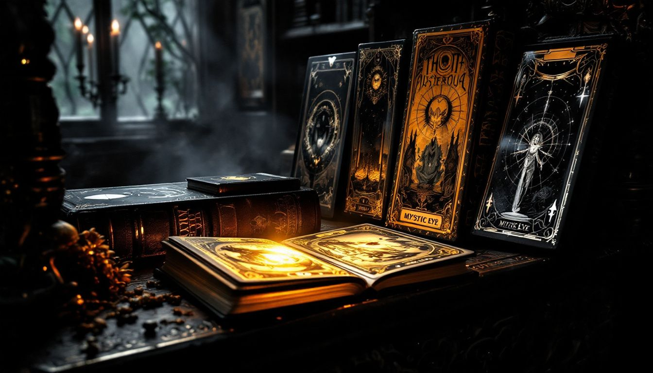 A selection of popular dark tarot decks arranged aesthetically.