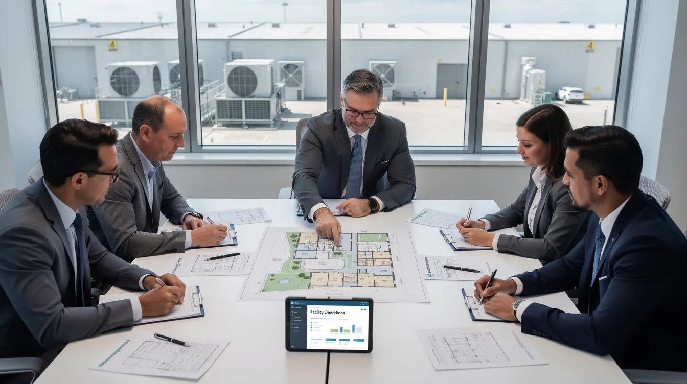 A professional team of business professionals is gathered around a table, reviewing operations related to facility management services, discussing strategies to enhance their proven franchise model and service offerings. They are focused on optimizing business operations to ensure a thriving business that meets the demands of clients across city-wide facilities.