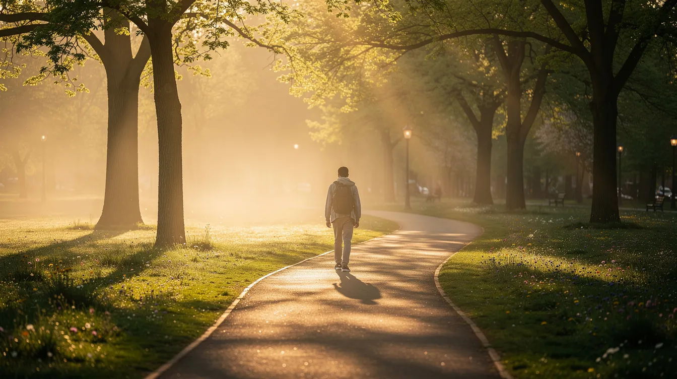 A person is walking along a park path in the early morning sunlight, surrounded by greenery, which promotes well-being and supports brain health. This morning walk can enhance energy production and improve circulation, contributing to long-term health benefits.
