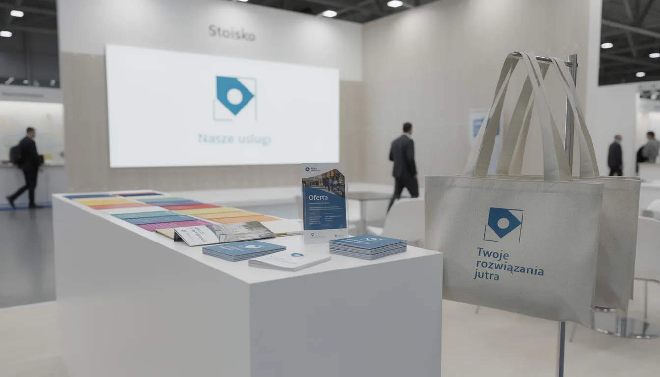 Na stoisku targowym znajdują się różnorodne torby bawełniane z nadrukiem oraz materiały promocyjne, które zachęcają potencjalnych klientów do zapoznania się z ofertą. Widać torby ekologiczne w różnych kolorach, idealne na zakupy, które podkreślają pozytywny wizerunek marki.