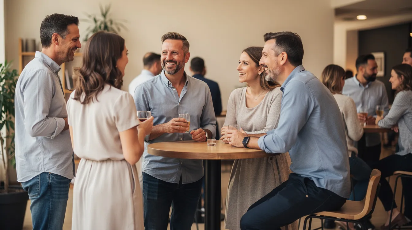 A group of people is gathered at a casual social event, smiling and engaging in conversations in small clusters, embodying the essence of intentional dating as they connect and share meaningful interactions. The atmosphere is friendly and warm, fostering an environment where individuals can explore potential partners and build healthy relationships.