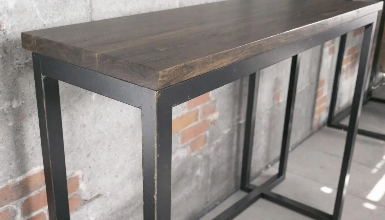 An industrial style hallway table features a sturdy metal frame and a warm wooden top, making it a perfect piece for adding functionality and elegance to your entryway or living space. This console table complements various decor styles while providing storage options for items like keys and mail.