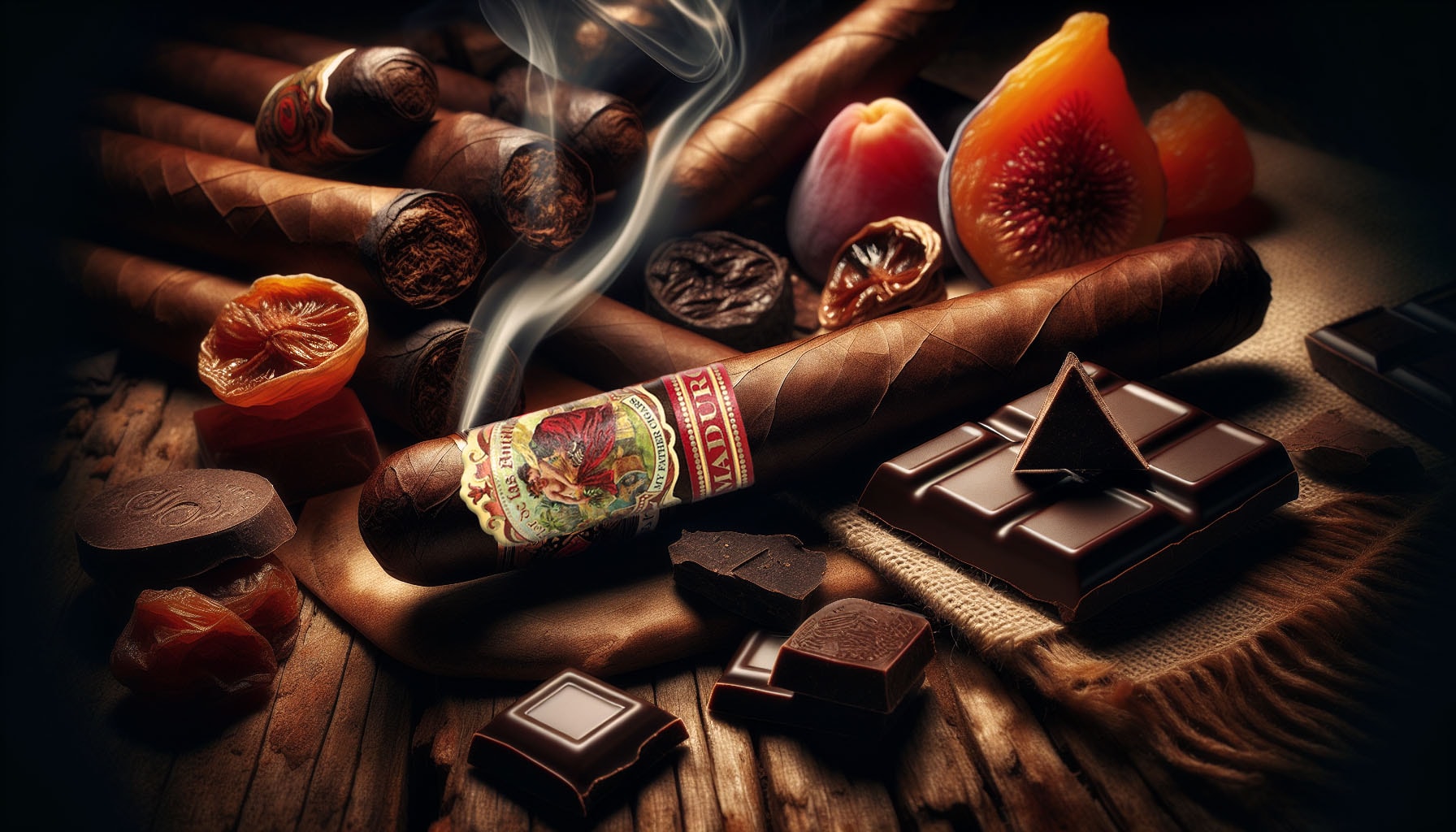 A close-up illustration of a Flor de las Antillas Maduro Toro cigar with dark chocolate and dried fruit elements.