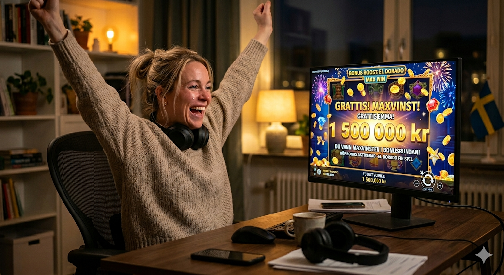 Spelare firar stor vinst i bonus buy slot – maxvinst och free spins på skärm