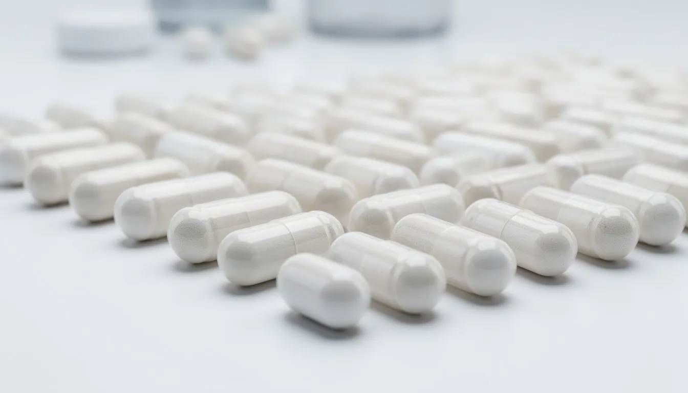 A close-up photograph showcases neatly arranged supplement capsules, highlighting their professional pharmaceutical quality. These capsules represent some of the best NMN supplements aimed at supporting cellular health and enhancing metabolic function.