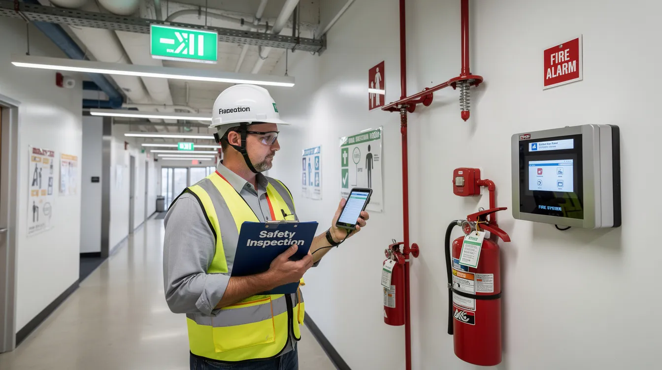 The image depicts a commercial building undergoing a safety inspection, showcasing a modern fire suppression system being evaluated by a team of professionals. This scene highlights the importance of restoration services and project management in ensuring safety and compliance for property owners and business owners in the restoration industry.