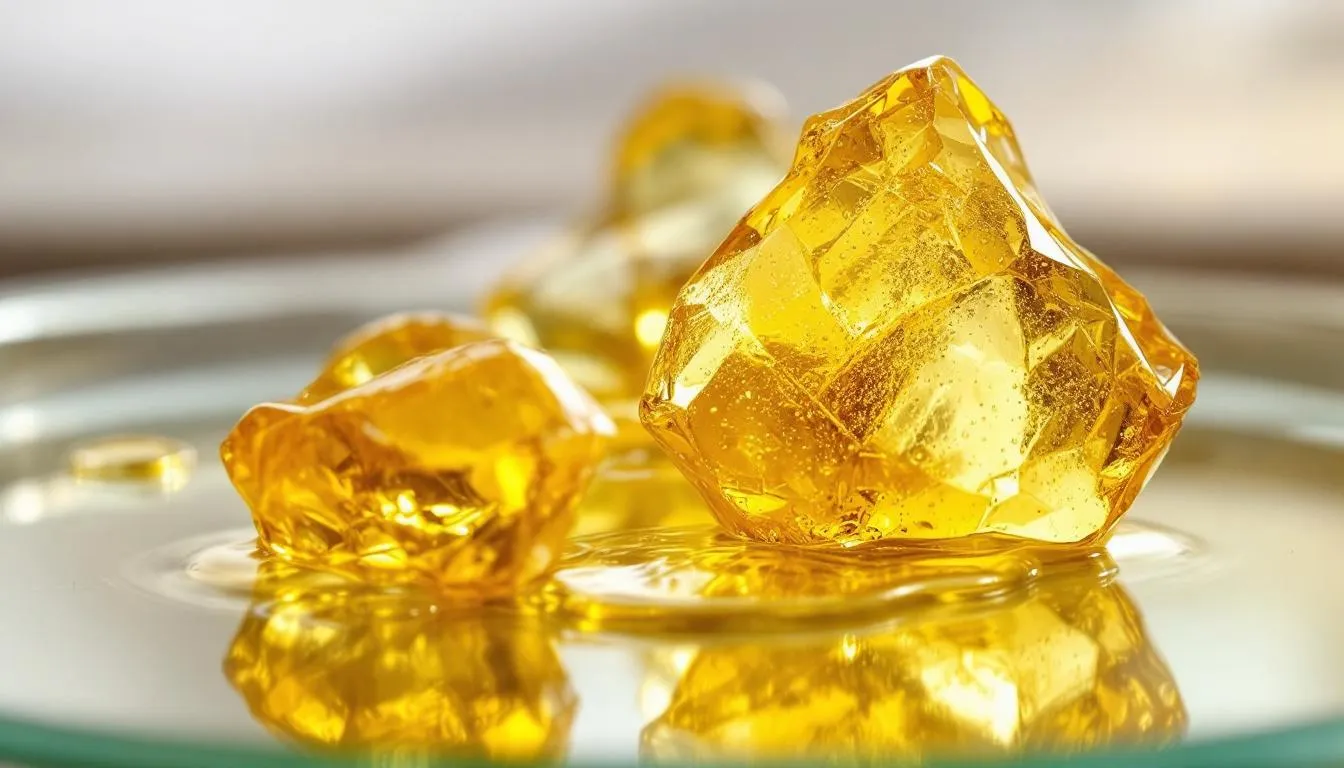 10 Amazing Facts About Cannabis Concentrates: 2 The image depicts a piece of cannabis shatter, showcasing a golden color and a glass-like appearance, which is a highly concentrated form of butane hash oil. This marijuana concentrate is often used in various consumption methods, such as dabbing with a rig or infusing into edibles.