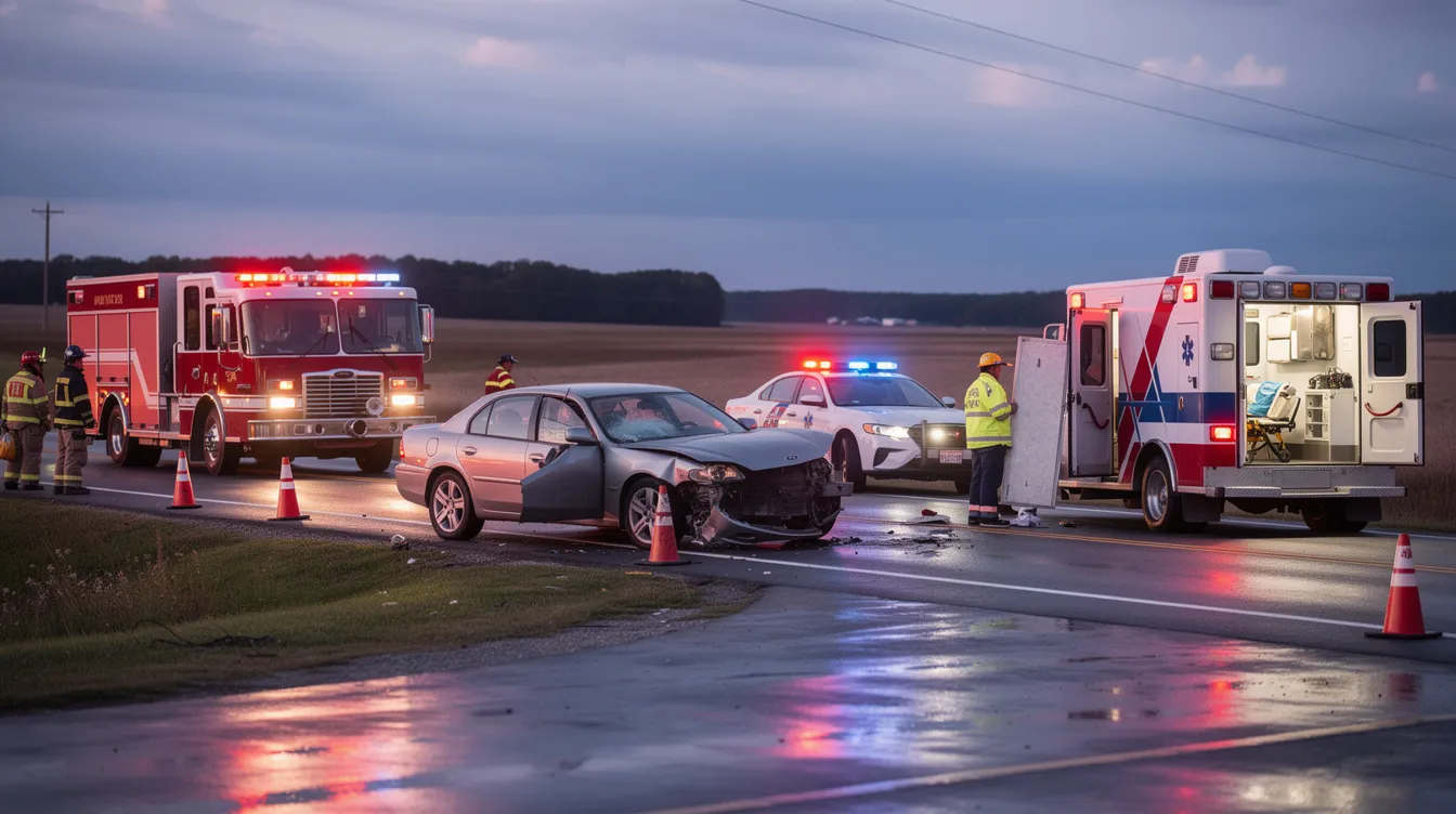 The image depicts emergency vehicles, including ambulances and fire trucks, positioned near a rural highway where a serious truck accident has occurred. The scene highlights the presence of first responders attending to the aftermath of the collision, emphasizing the potential for severe injuries and the need for legal representation in truck accident cases.