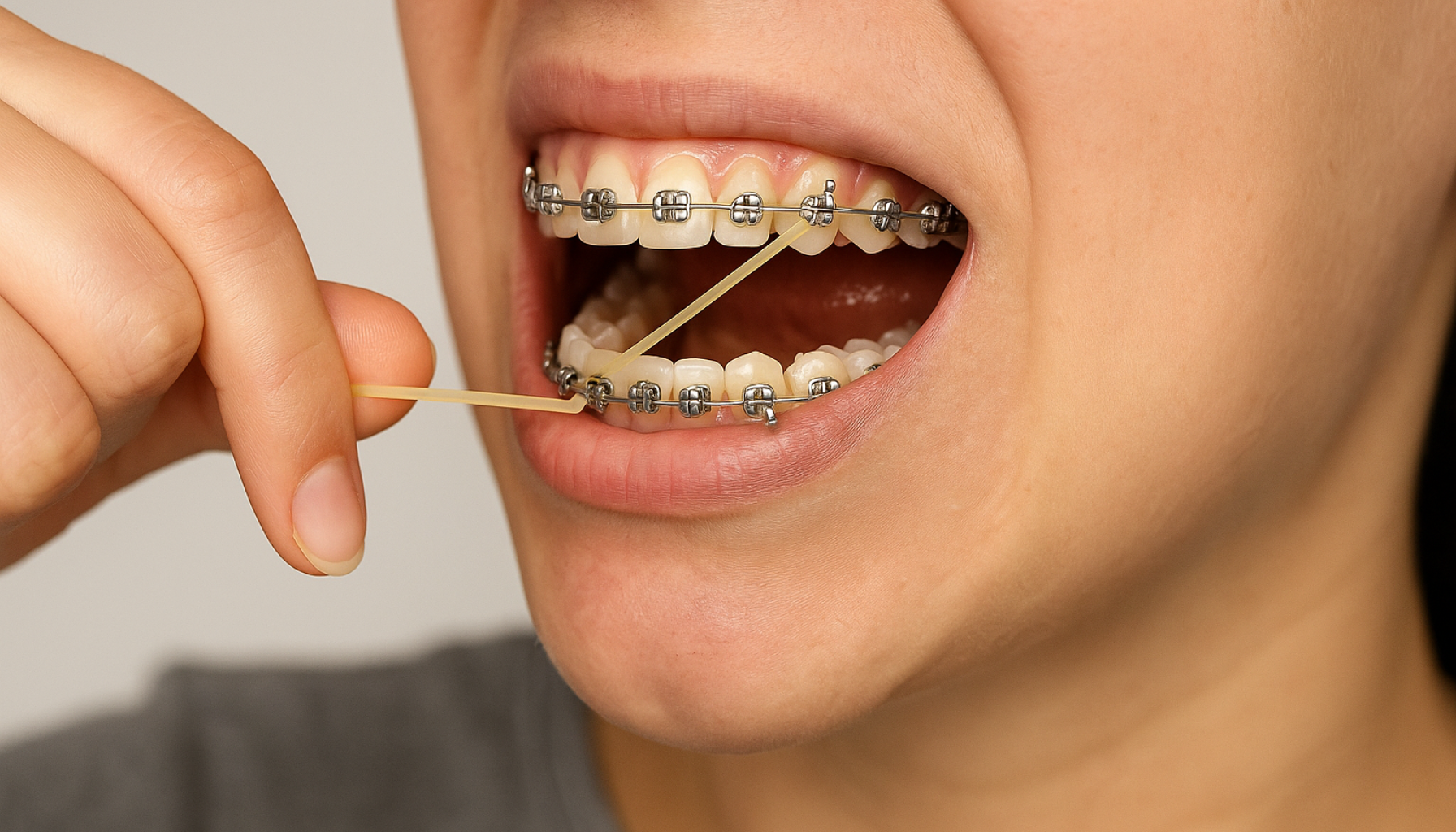 Tannregulering strikk Liten detalj stor betydning for resultatet 10 Nærbilde av regulering med elastisk strikk mellom tennene mens personen justerer strikken med fingrene.