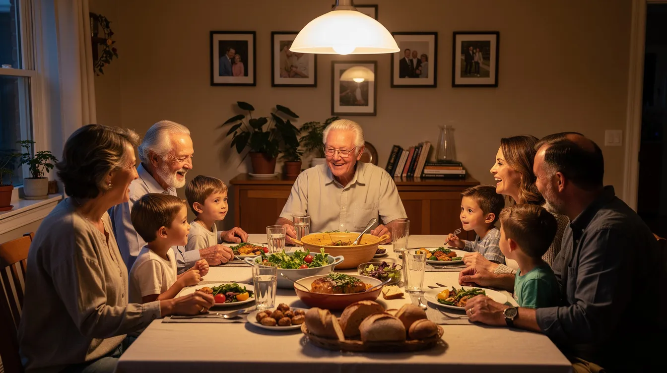A multigenerational family gathers around a dining table, sharing a meal and engaging in lively conversation, showcasing the warmth of their relationships and diverse backgrounds. This scene reflects the importance of supportive family dynamics in fostering emotional well-being and coping skills during life transitions.