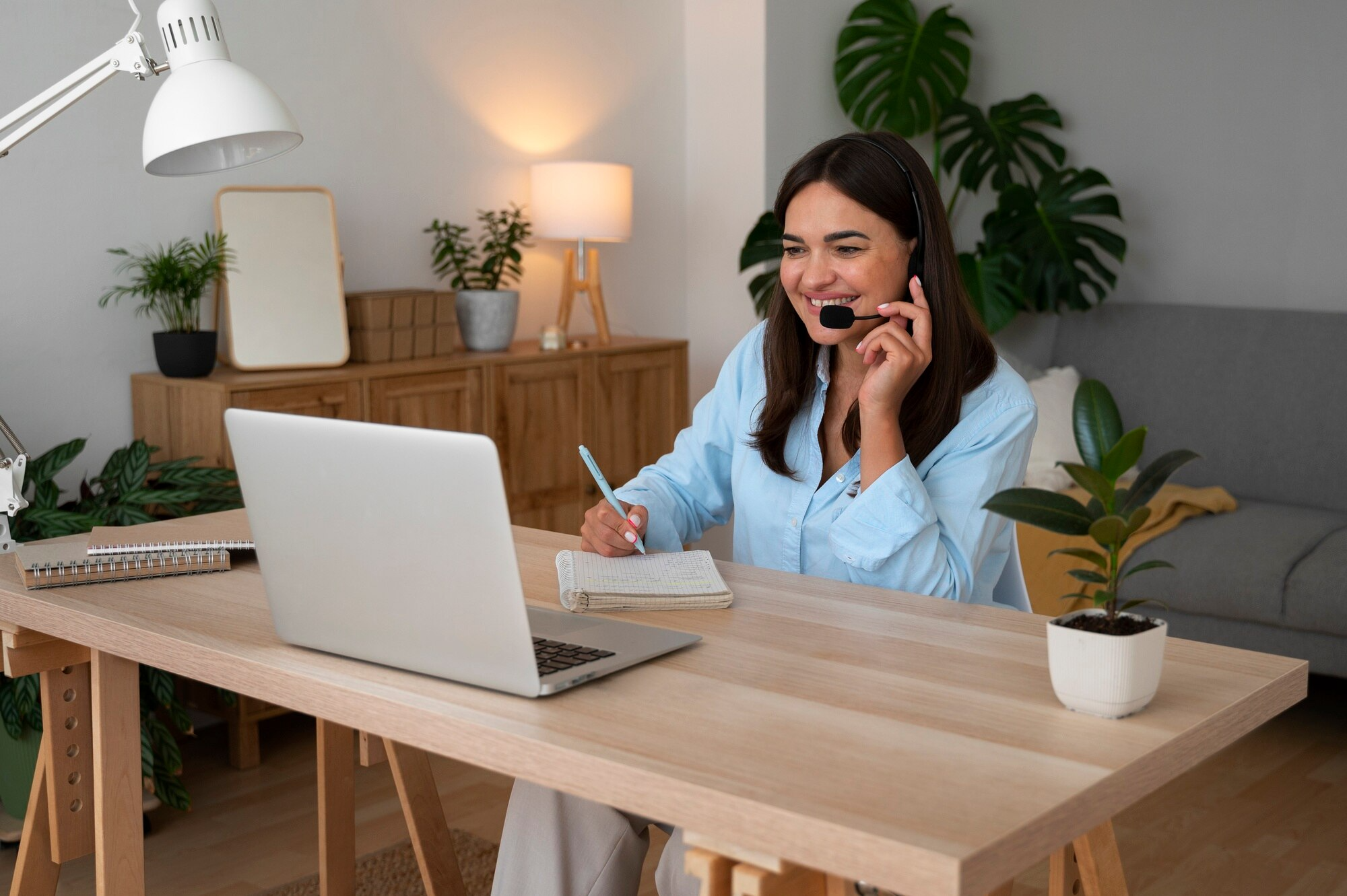 A woman sits in front of a laptop while using a headset and taking notes with a pen and notepad.