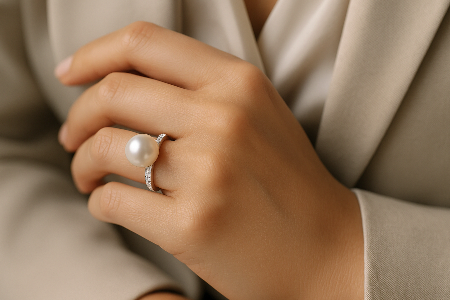 Modernaus dizaino žiedas su baltu perlu ir smulkiais deimantais ant stilingos moters rankos.