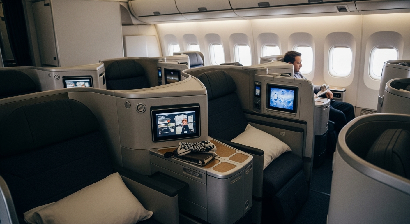 Long-haul business class cabin with fully flat seats and a calm, consistent onboard experience across international routes.