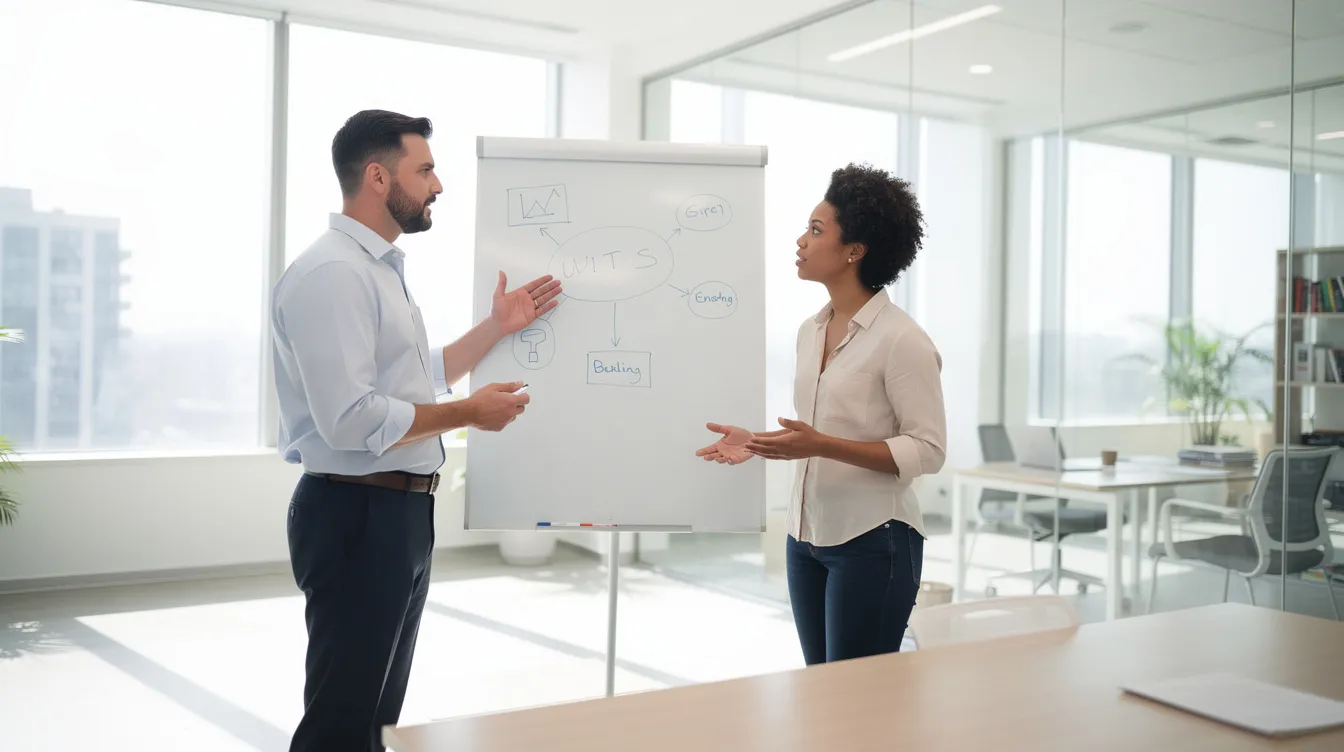 Un manager discute avec un collaborateur devant un tableau blanc dans un bureau lumineux, échangeant des conseils sur la manière de déléguer efficacement les tâches au sein de l'équipe. Cette interaction met en avant l'importance de la confiance et de la prise d'initiative pour optimiser le temps de travail et les responsabilités.