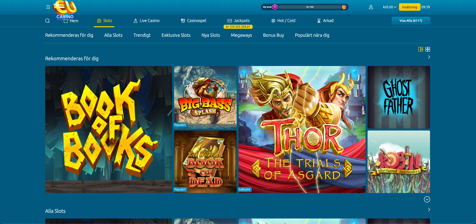 EUcasino slots-sektion med populära spel som Book of Books och Big Bass på online casino med svensk licens