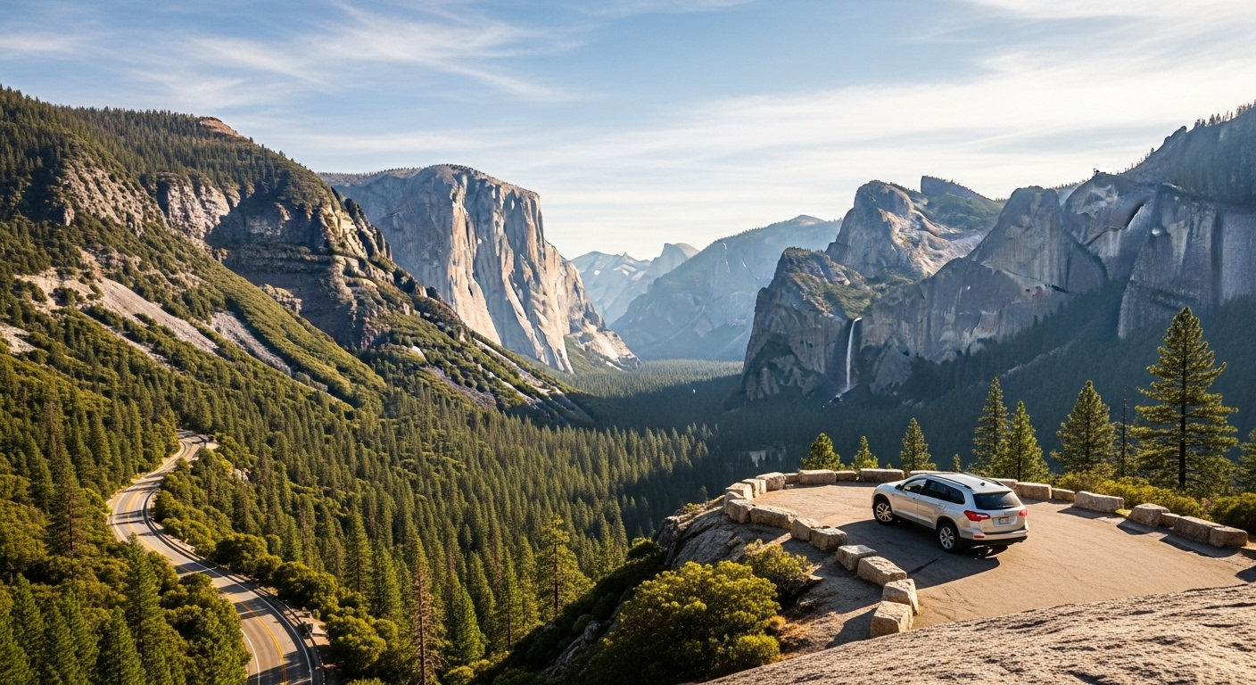 Scenic summer road trip view through a national park with mountains, forests, and a winding highway.