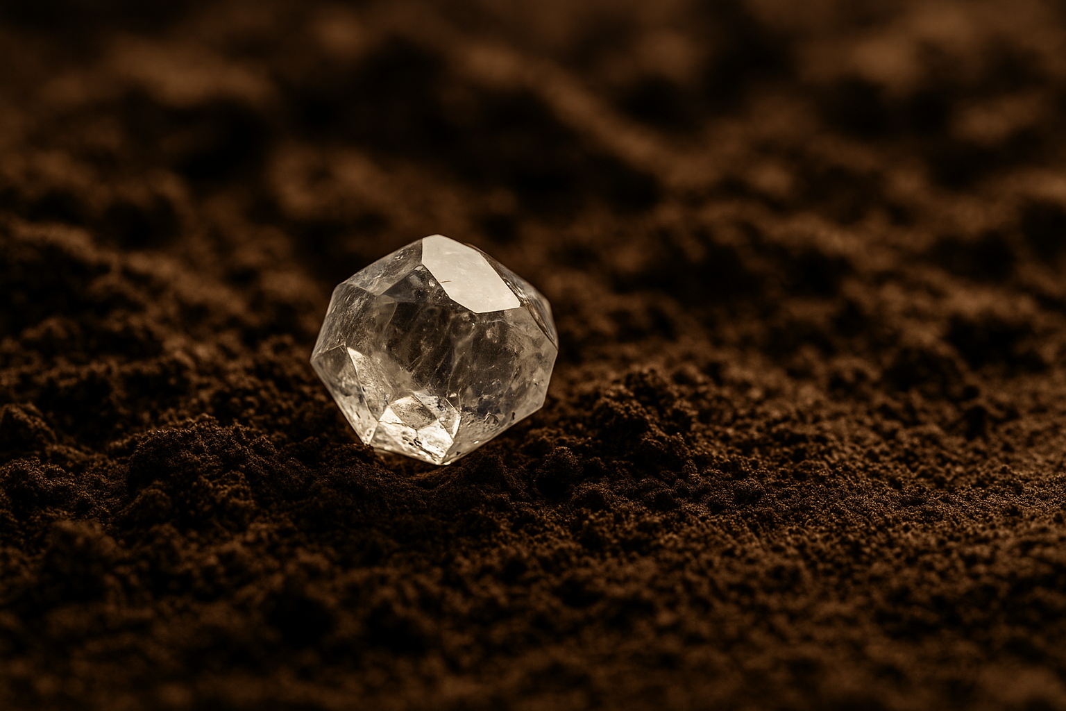 Natūralūs deimantai susiformavę po žeme – stambiu planu deimantas su žemės uolienomis. https://topdiamonds.online/