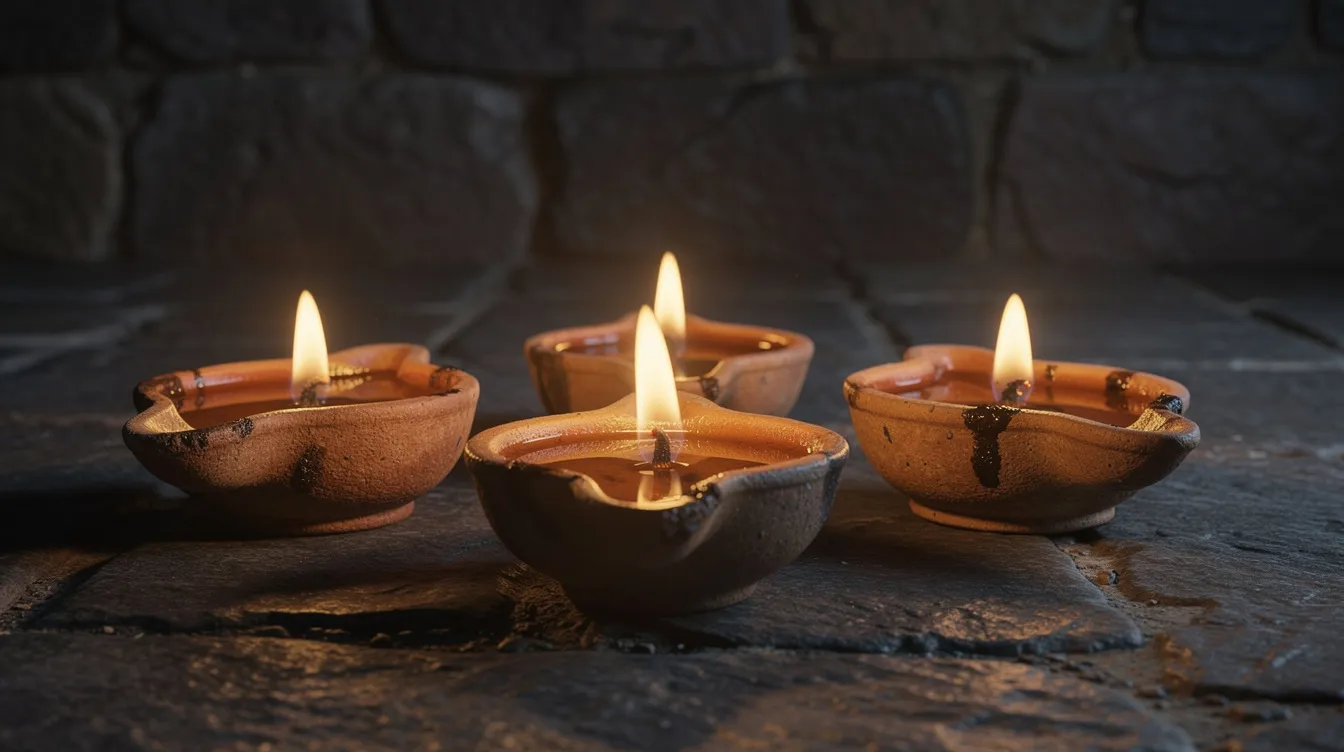 The image features five ancient oil lamps casting a warm glow in a dark room, creating soft shadows on the stone walls, evoking a sense of spiritual significance reminiscent of biblical times. This scene reflects the importance of light in daily life and its connection to themes of guidance and the presence of God.