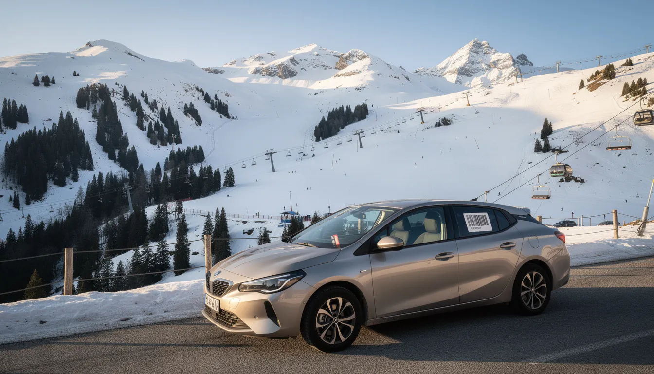 Une voiture de location est garée devant un paysage de montagne enneigée, avec des remontées mécaniques visibles en arrière-plan. Cette image évoque l'idée d'une escapade hivernale, idéale pour ceux qui envisagent de louer une voiture pour explorer les stations de ski.