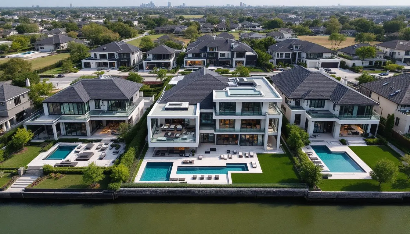 Aerial view of prestigious neighborhoods in Dallas, showcasing luxury custom homes.