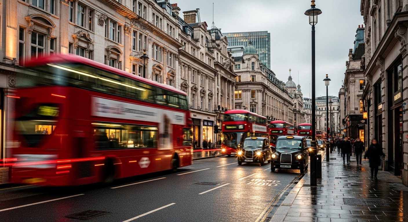 Energetic London city scene with red buses, street lights, and mixed architecture creating a sense of movement and everyday urban life.