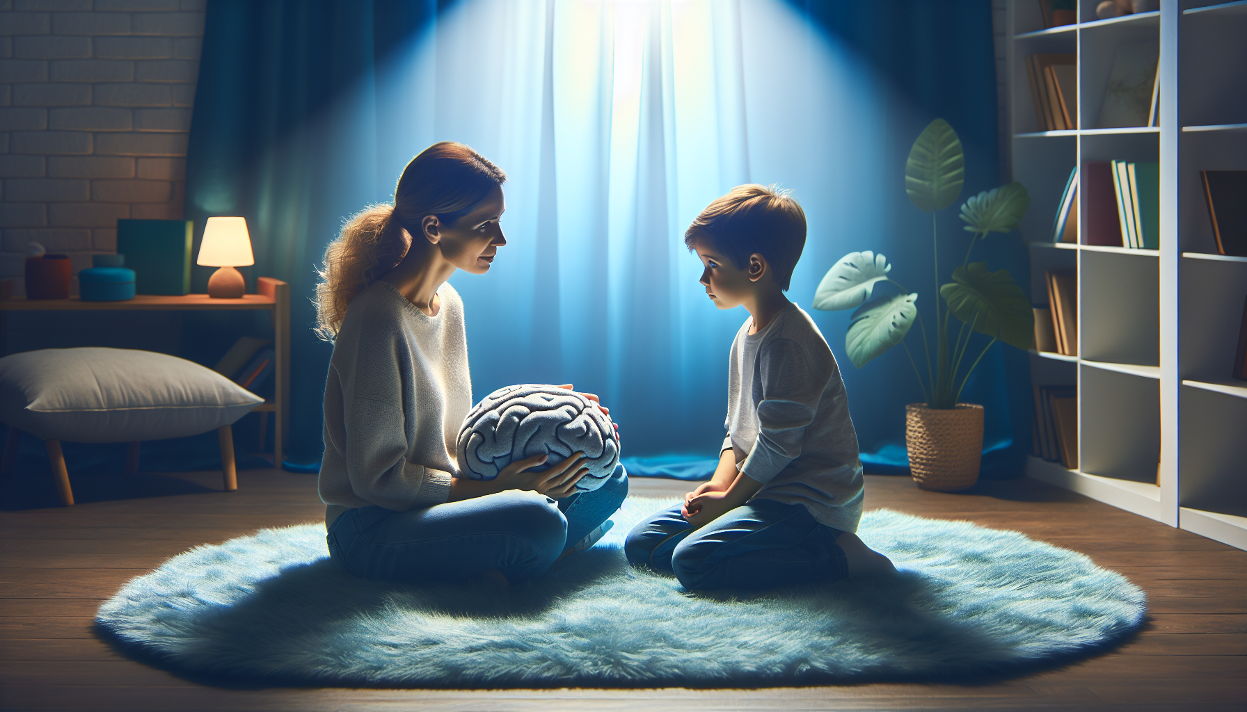 Illustration of a parent educating their child about mental health and trauma prevention