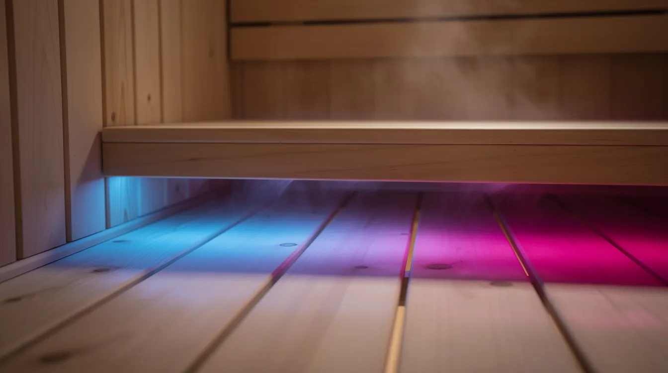 Indirect colored lighting glowing beneath a wooden sauna bench