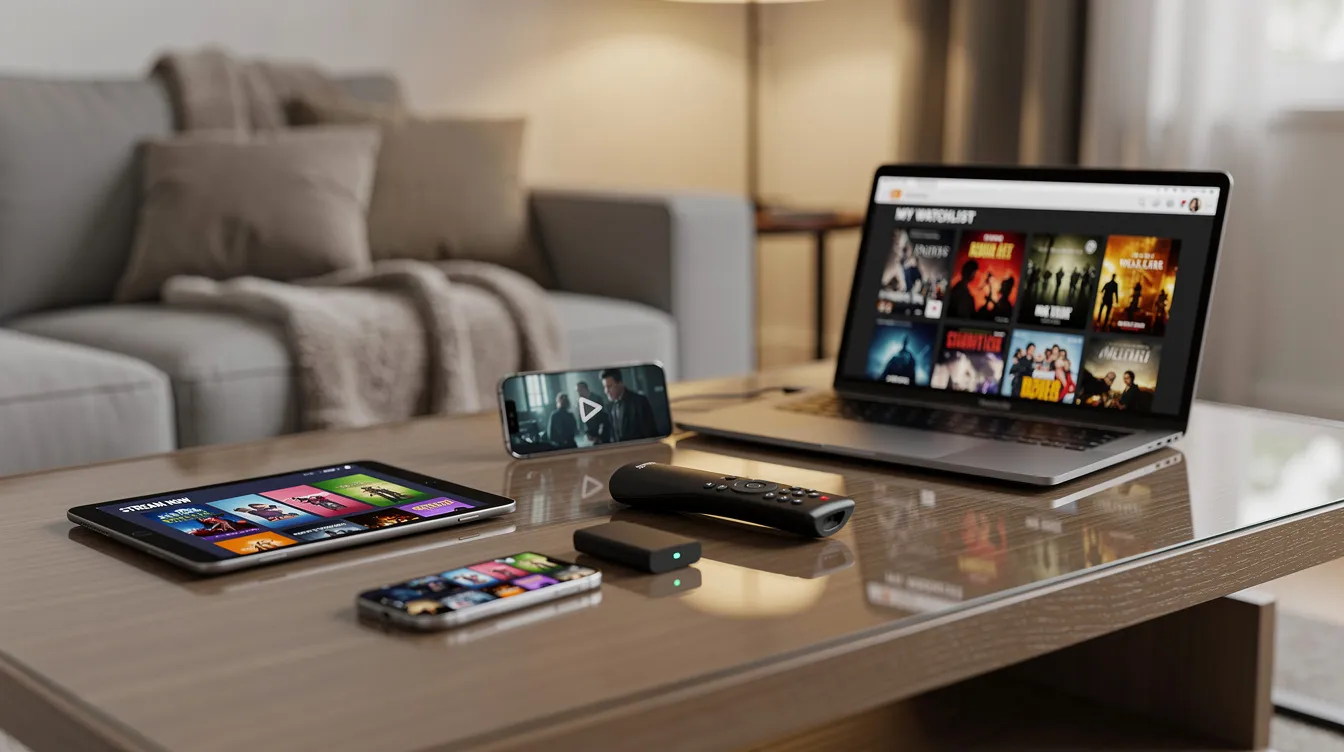 The image shows a coffee table cluttered with various devices, including a tablet, smartphone, streaming stick, and a laptop, all displaying different streaming content. This setup highlights the convenience of using Canadian IPTV services for diverse entertainment options.