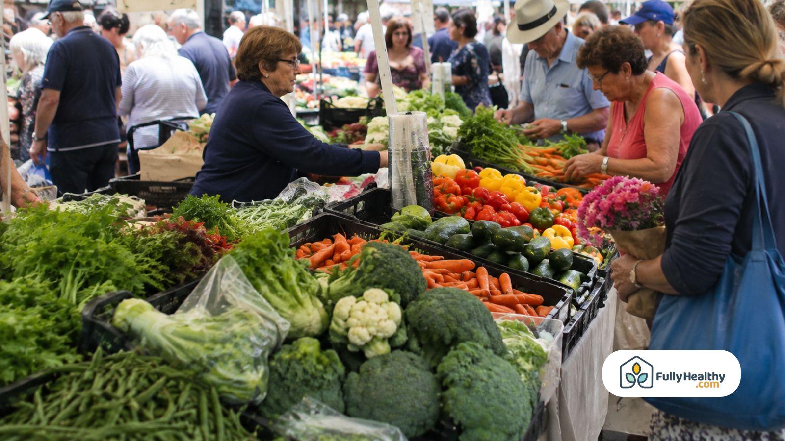 Shoppers selecting fresh kosher vegetables, including broccoli, carrots, and leafy greens at market.