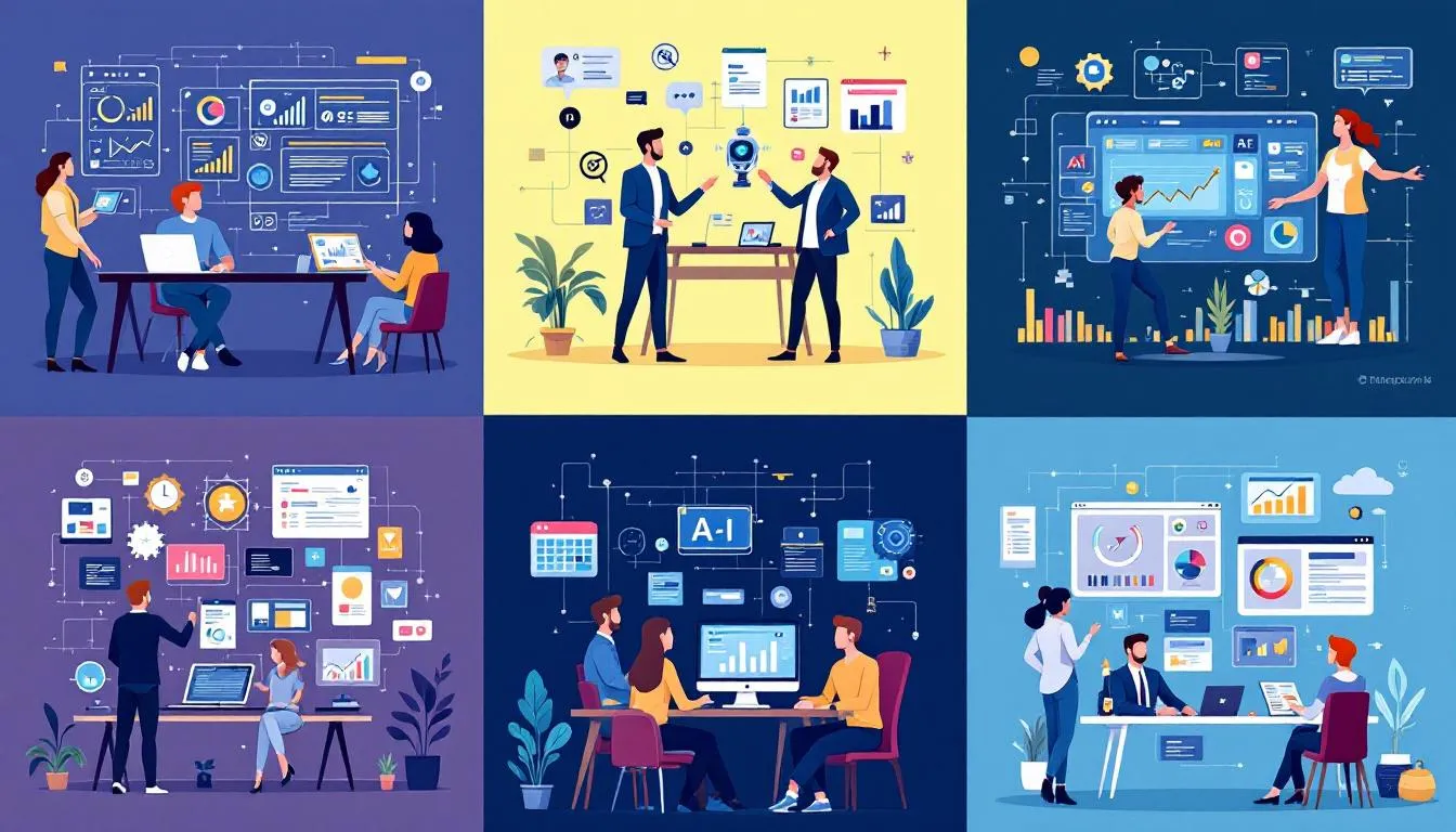 A visual representation of practical applications of AI in various workplace settings, demonstrating its benefits.