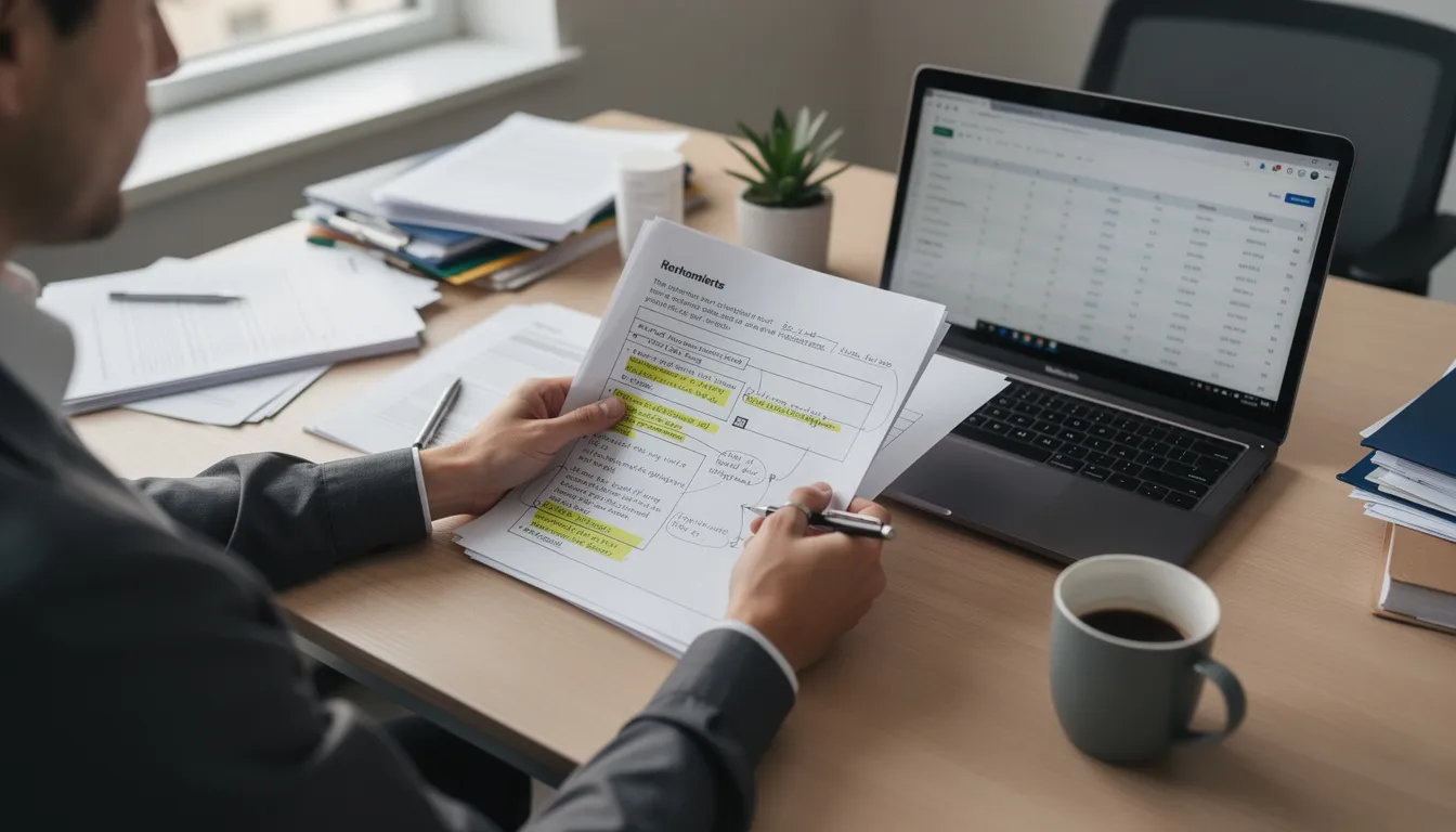 A person is seated at a desk, intently reviewing various documents and paperwork, likely related to workers compensation claims or policies. The setting suggests a focus on the legal and financial aspects of workplace injuries, important for independent contractors and employers in Colorado.