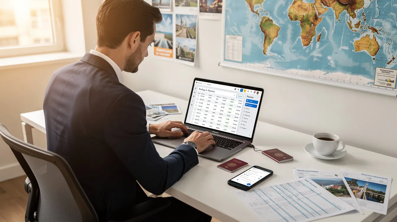 A travel business owner is seated at a desk, intently reviewing bookings and payment details on a laptop. The screen displays various payment processing options, highlighting the importance of secure payments and preferred payment methods for international customers in the travel industry.