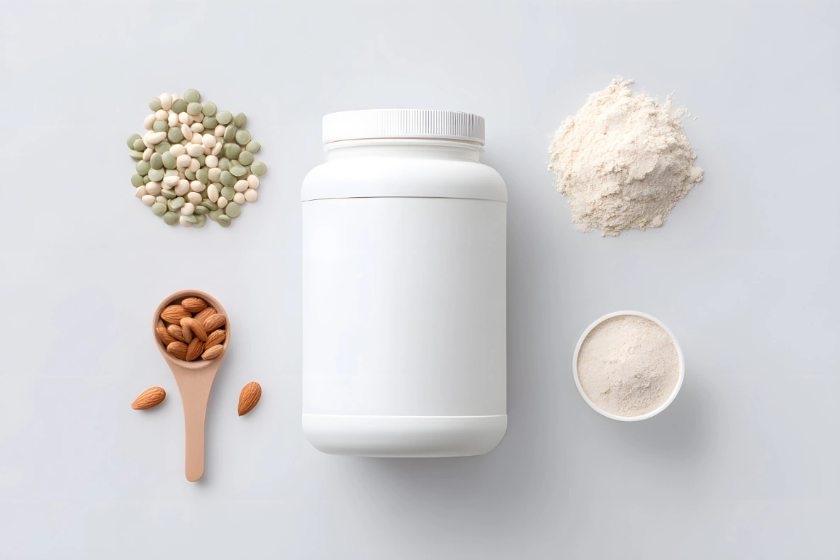 A white supplement container is surrounded by piles of peas, powder, almonds in a wooden spoon, and a bowl of powder.