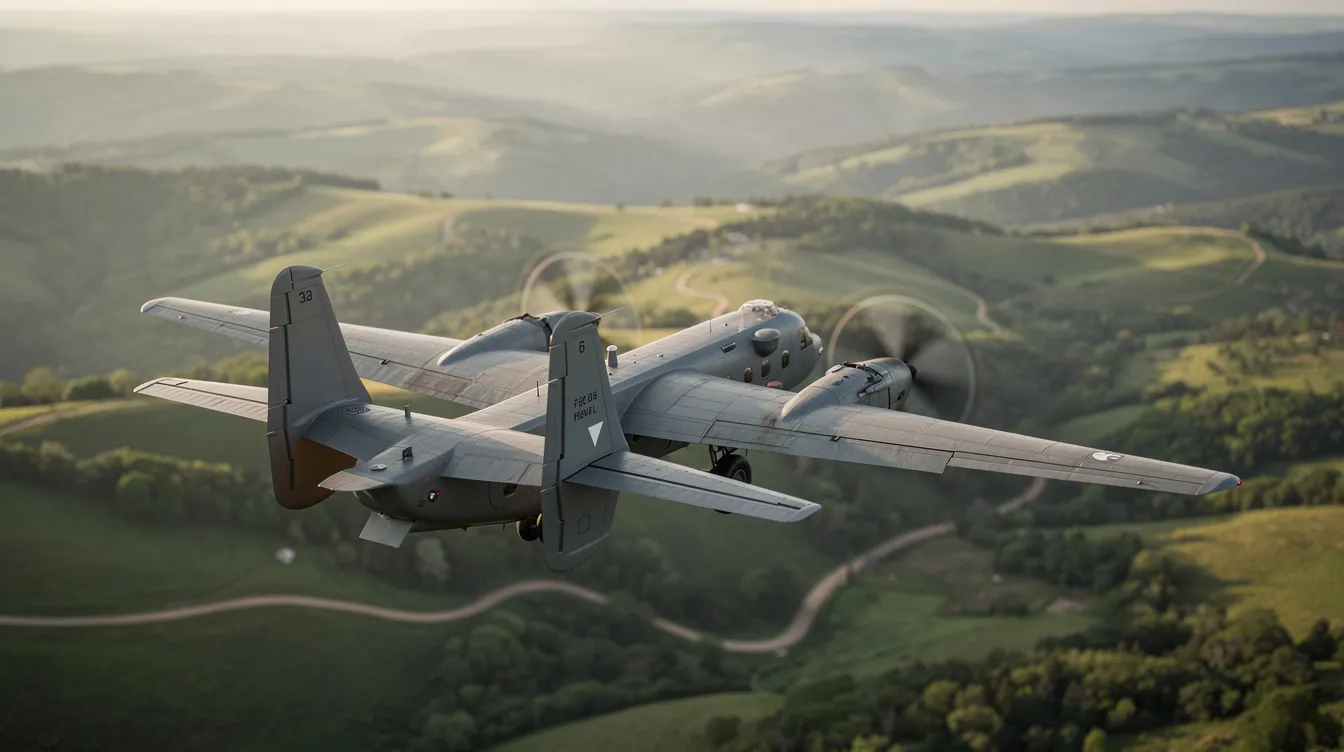 A Grumman OV-1 Mohawk, a twin-engine turboprop military reconnaissance aircraft, is flying low over lush green hills, showcasing its distinctive triple tail fins. This aircraft, known for its operational missions in Vietnam and European service, features a sleek design ideal for battlefield surveillance.
