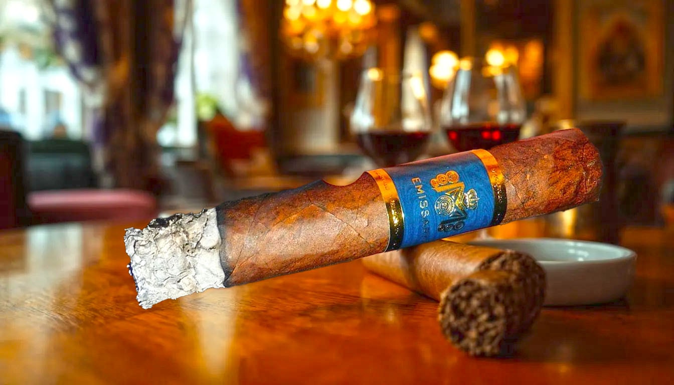 A close-up view of an Emissary France cigar, emphasizing its intricate flavor profile.