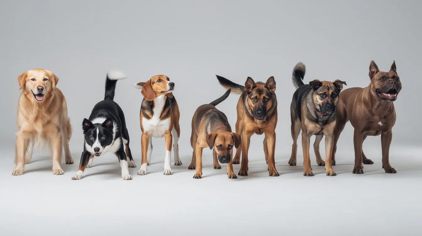The image depicts a relaxed and happy dog with a wagging tail, floppy ears, and soft eyes, showcasing its body language to communicate joy and friendliness. The dog's body posture is open, indicating a willingness to engage and play, while its facial expressions reflect a calm emotional state.