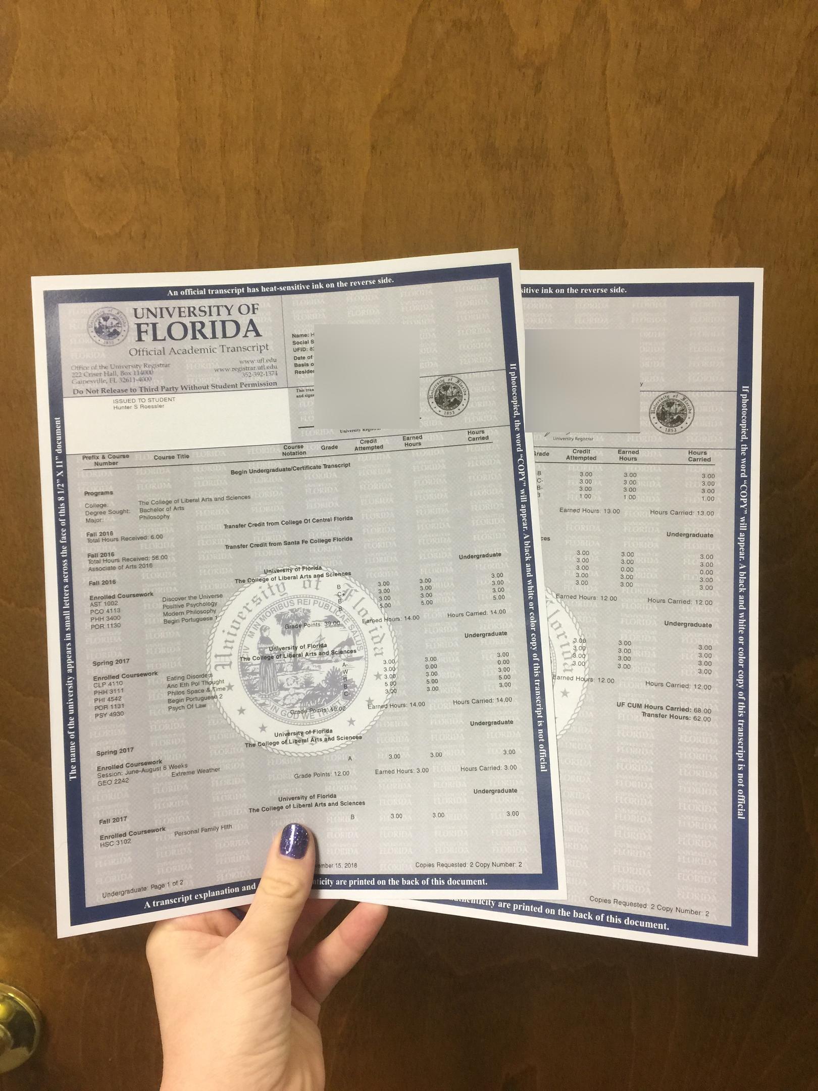 Academic transcript showing detailed educational records including courses, grades, credits, and degrees.