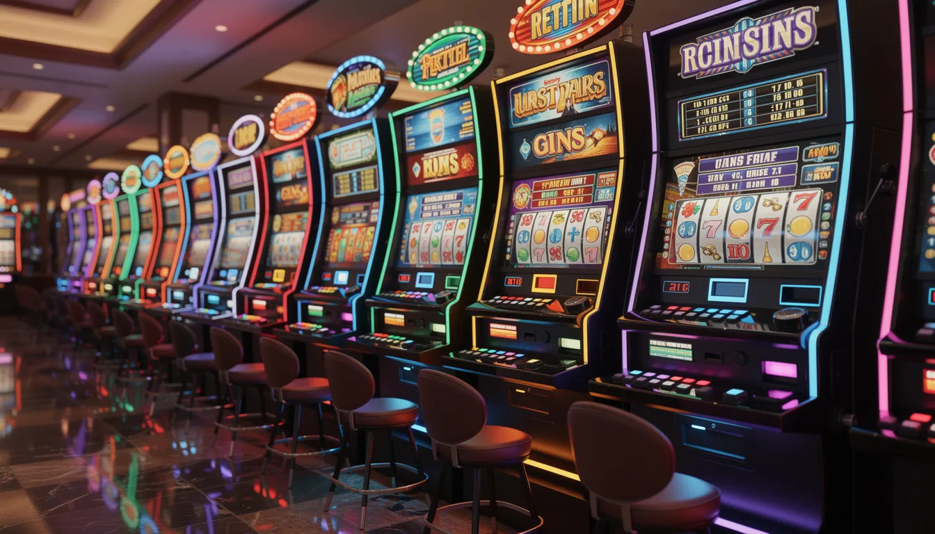 Bildbeskrivning: En rad av färgglada spelautomater med blinkande ljus som skapar en livlig atmosfär, perfekt för spelare som vill uppleva spänningen hos kazoom casino. Automaten har olika teman, inklusive populära spel som "Book of Dead", och erbjuder möjligheter till free spins och bonusar.