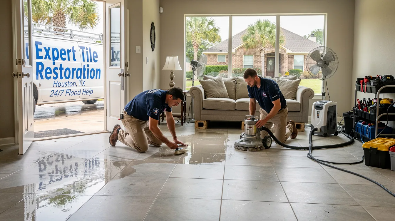 The image shows a team of professional tile restoration experts in Houston, TX, working diligently in a flood-affected residential home. They are assessing water damage, removing standing water, and preparing to replace damaged tiles to restore the interior to its original condition, while also taking steps to prevent mold growth.