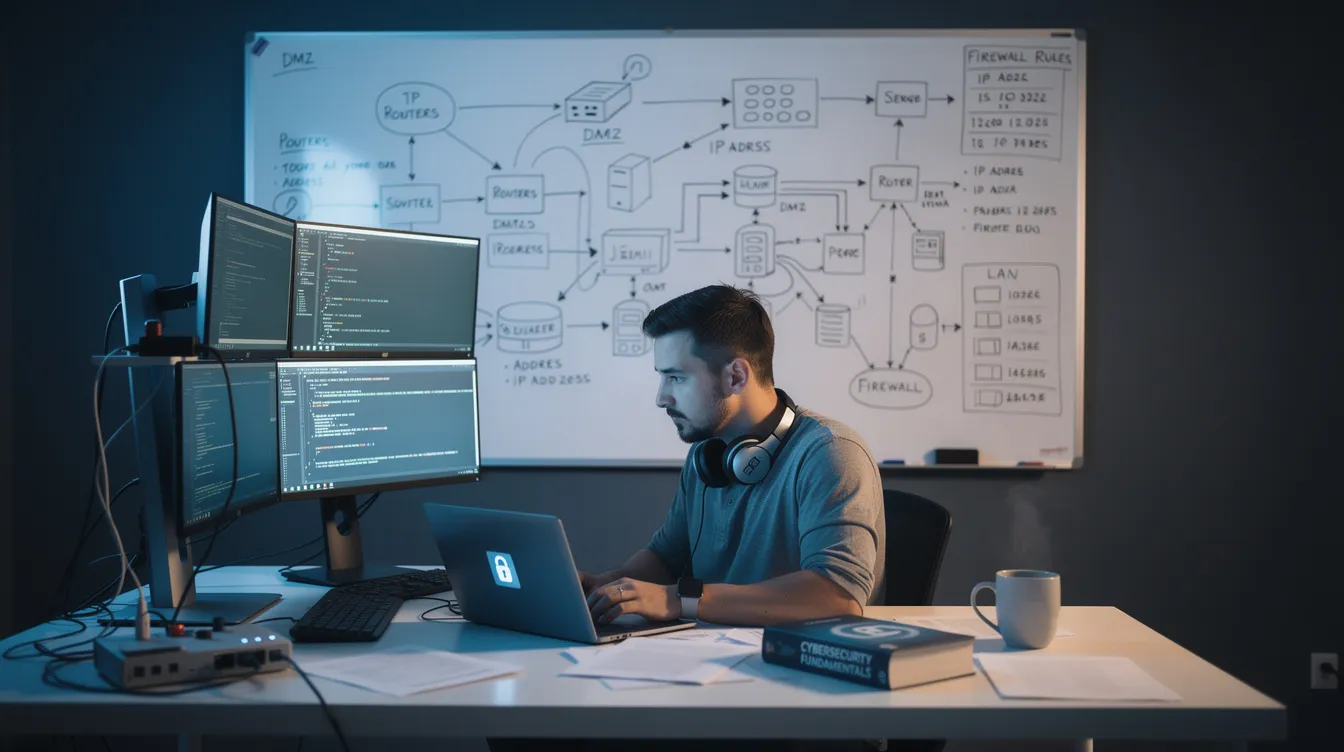 The image shows a person focused on studying cybersecurity at a desk, with a whiteboard in the background displaying complex network diagrams. This scene highlights the importance of skills like risk analysis and threat detection in a cybersecurity career path, as well as the foundational knowledge needed for roles such as information security analyst or help desk support.