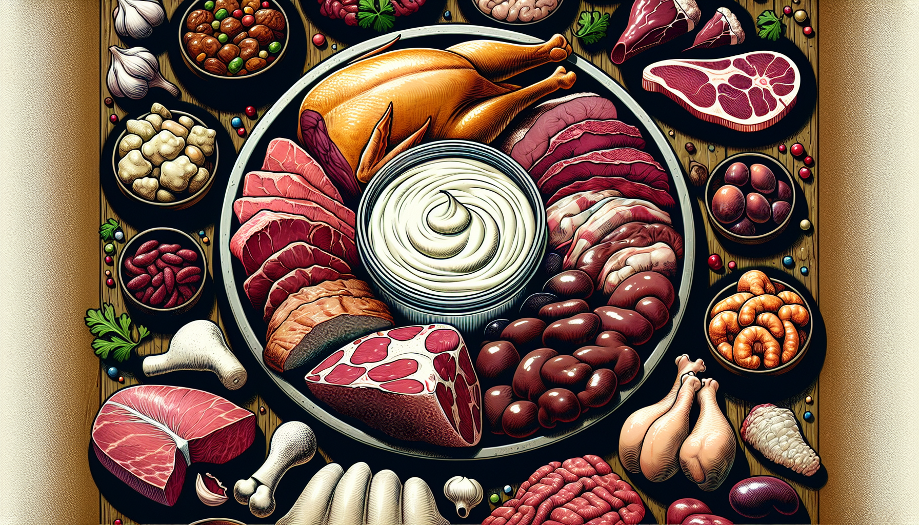 Illustration of a variety of animal foods including meat, organ meats, and animal fats