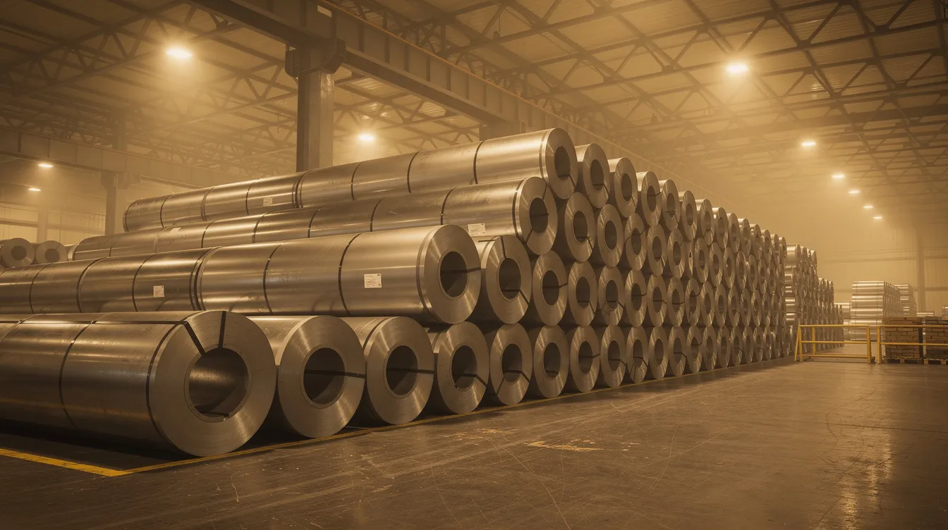 The image shows large steel coils stacked neatly in an industrial warehouse, illuminated by warm overhead lighting. These coils may consist of either cold rolled or hot rolled steel, showcasing their raw material properties and surface finishes in a well-organized setting.