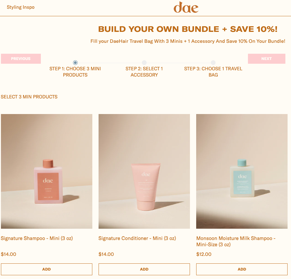 An image of personal care brand Dae's build-your-own-bundle experience.