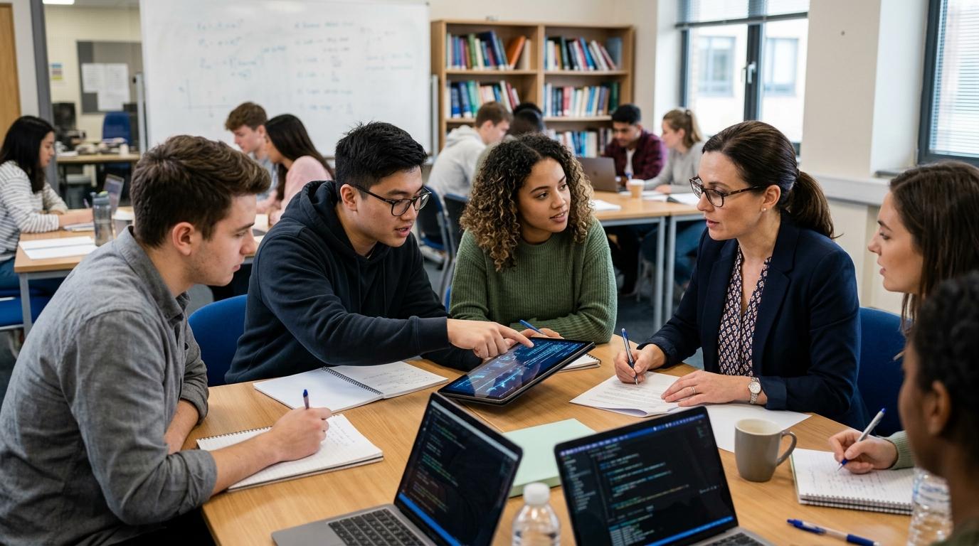 Professional academic setting showing an instructor validating AI-generated assessment recommendations alongside students participating in guided collaborative learning,.
