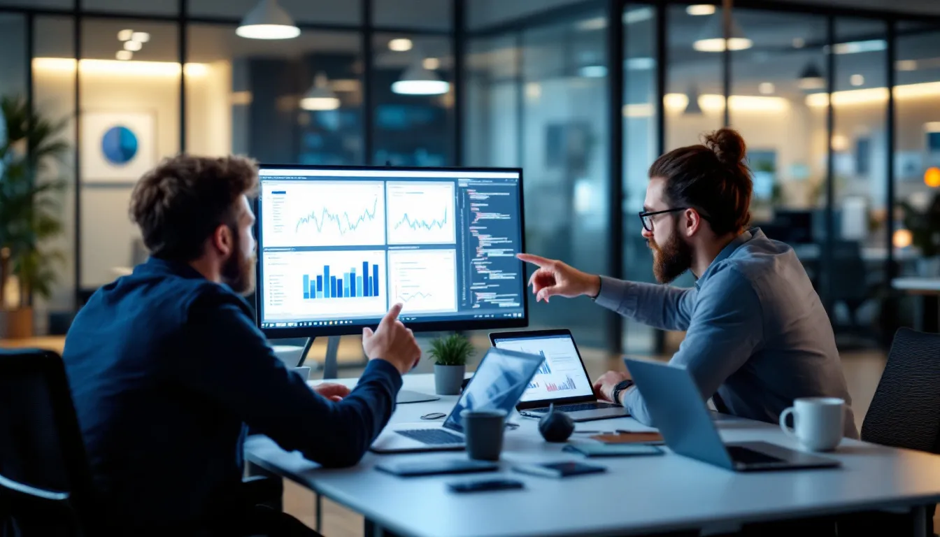 In the image, a data science team is collaborating around computer screens that display various analytics workflows, showcasing a user-friendly interface and drag-and-drop features for data analysis. The team, composed of data scientists and business users, is engaged in discussions about data preparation and predictive analytics, emphasizing the importance of collaboration in data science platforms.