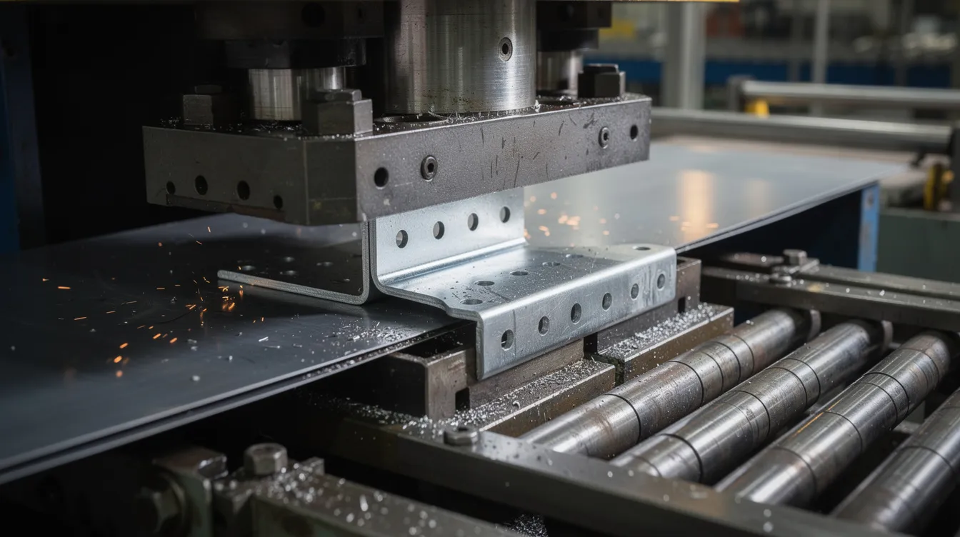 A close-up view of a stamping press showcases the manufacturing process as it forms a sheet metal bracket from flat sheet metal, highlighting the precision and force used in the stamping process. The image captures the intricate details of the stamping techniques involved, essential for producing high-quality stamped parts in various industries, including the automotive sector.