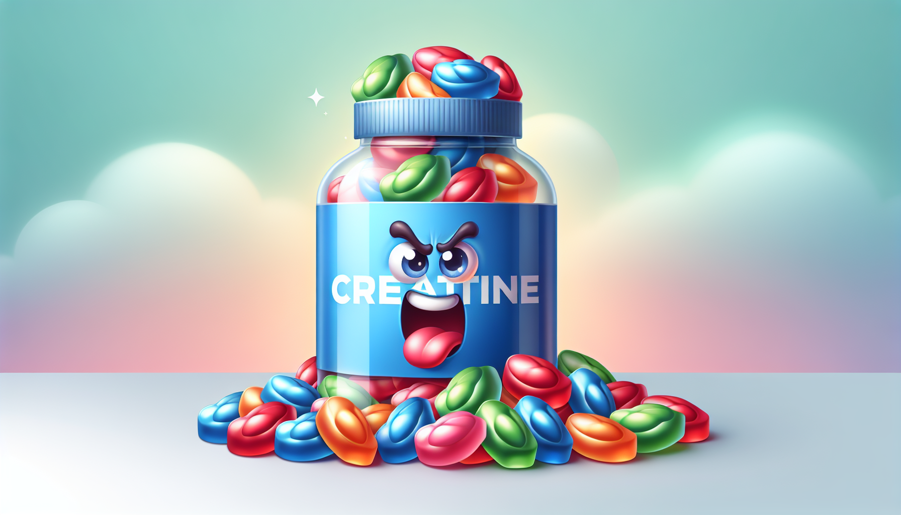 An illustration of colorful creatine gummies in a bottle.