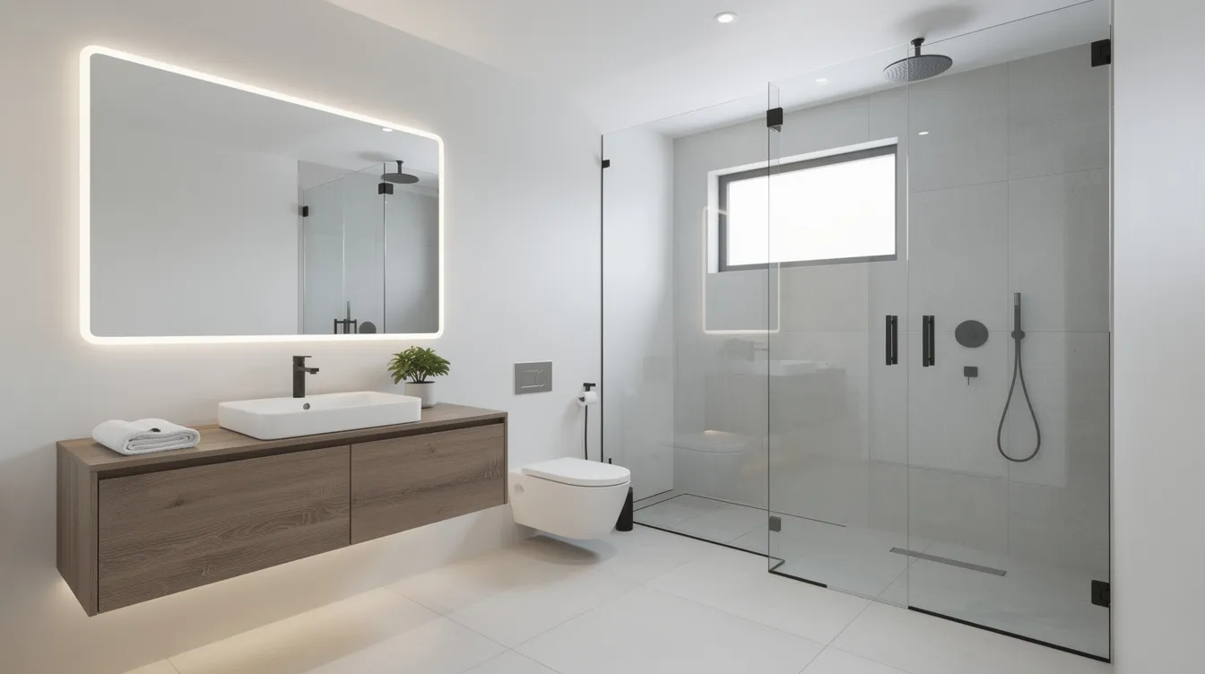 Modern bathroom renovation with floating wood vanity, LED mirror, walk-in glass shower, and black fixtures