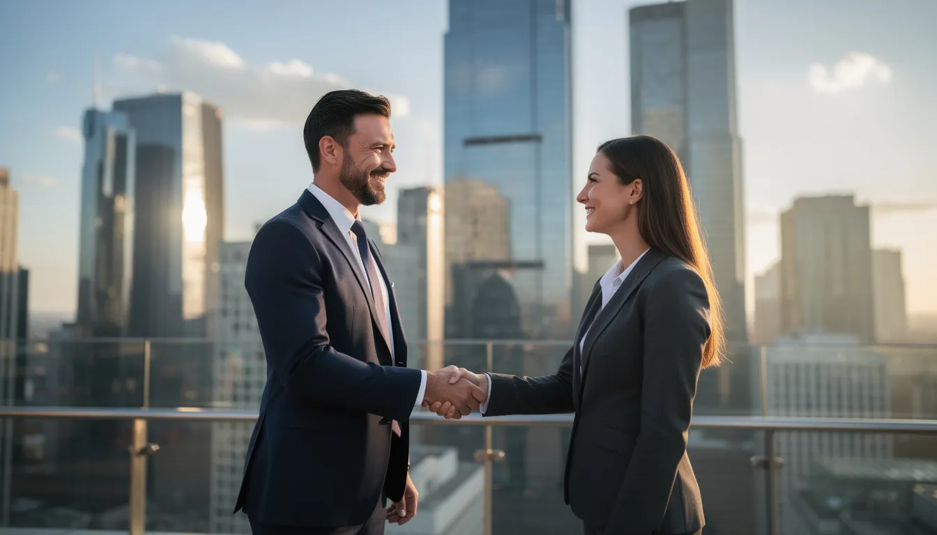Deux professionnels du monde des affaires se serrent la main avec une vue sur un paysage urbain moderne, où des gratte-ciels imposants se dressent en arrière-plan, symbolisant les transactions et la coopération entre entreprises dans un contexte de pleine concurrence.